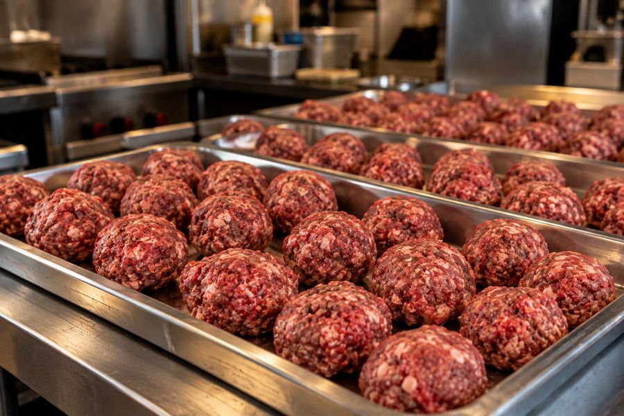 Bolitas de carne de 90 gramos en bandejas